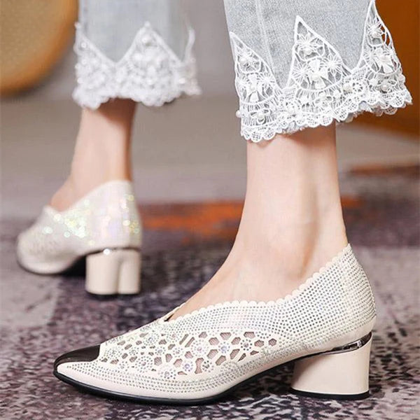 🔥Reducere de 50% 🔥Pantofi cu toc gros cu strasuri