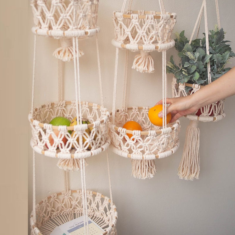Hand-Woven Cotton String Flower Pot Hanging Basket Fruit Storage Basket