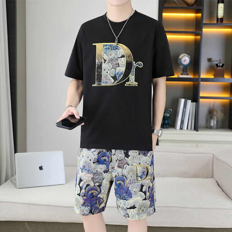 Costum casual de ultimă generație pentru bărbați, de vară, din bumbac pur, costum popular pentru bărbați, cu pantaloni scurți pentru sport de vară cu mânecă scurtă
