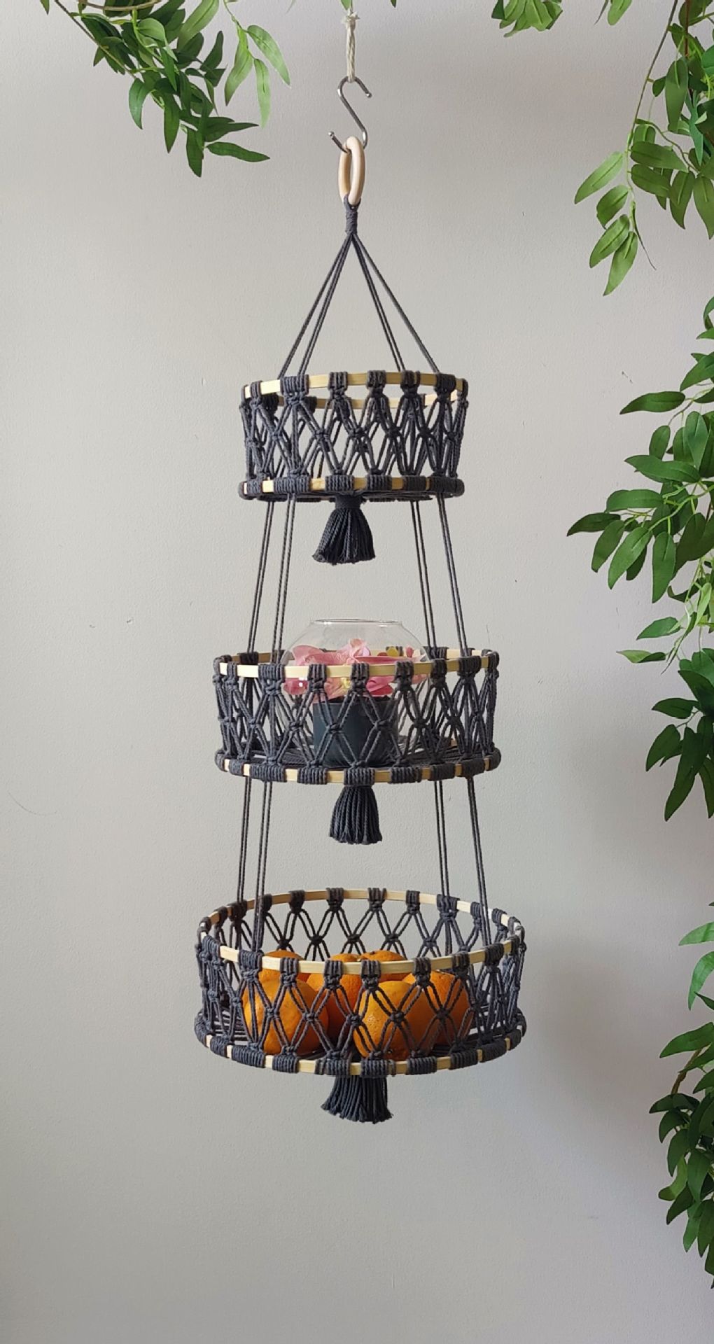 Hand-Woven Cotton String Flower Pot Hanging Basket Fruit Storage Basket
