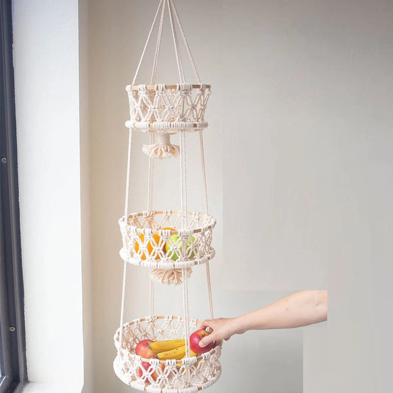 Hand-Woven Cotton String Flower Pot Hanging Basket Fruit Storage Basket