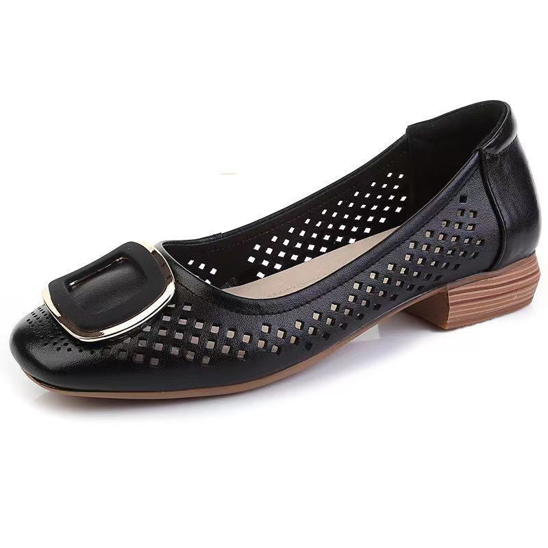 Pantofi cu găuri Sandale de damă Noua vară cu toc gros Pantofi mici din piele Pantofi pentru mamă scobiți la modă Pantofi de damă decoltat cu fundul moale