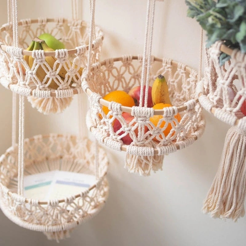 Hand-Woven Cotton String Flower Pot Hanging Basket Fruit Storage Basket