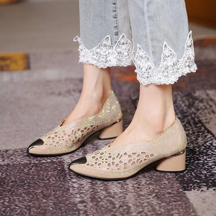 🔥Reducere de 50% 🔥Pantofi cu toc gros cu strasuri