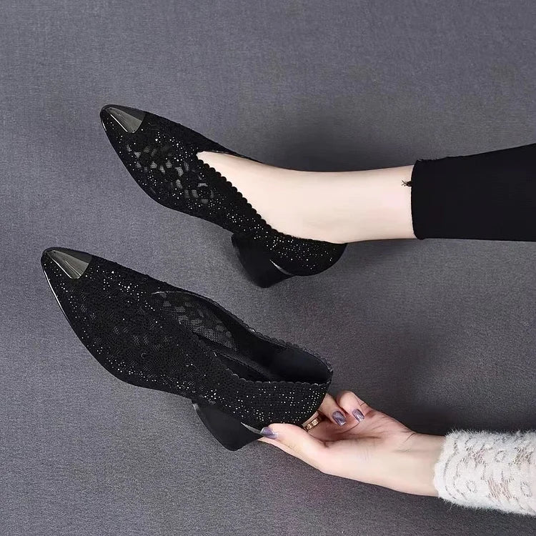 🔥Reducere de 50% 🔥Pantofi cu toc gros cu strasuri