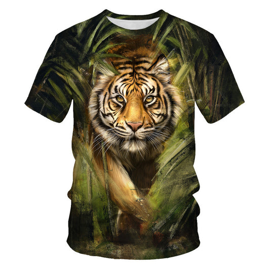 新款亚马逊外贸夏装潮流男士T恤狮子老虎3D数码印花短袖上衣