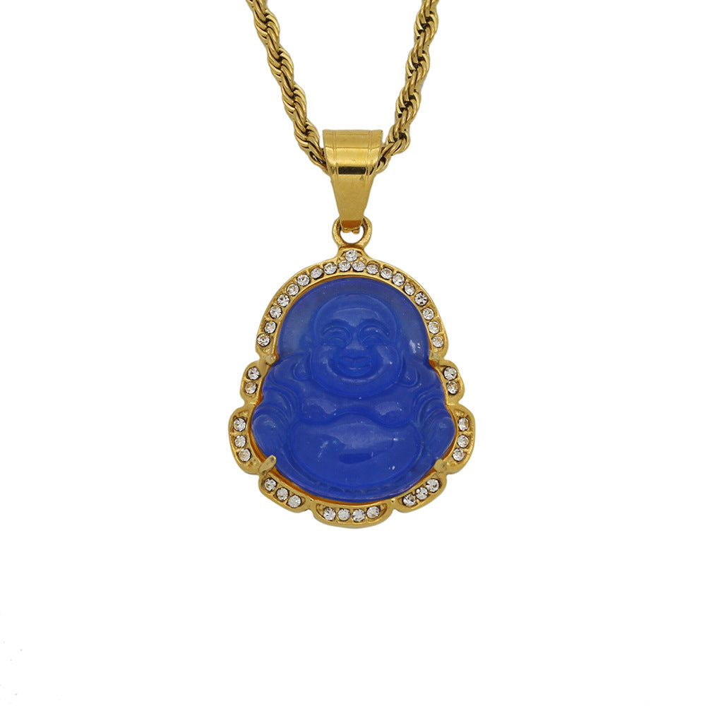 9-Color Stainless Steel Diamond-Embedded Malay Chalcedony Maitreya Buddha Pendant Ornament Big Belly Maitreya Buddha Pendant