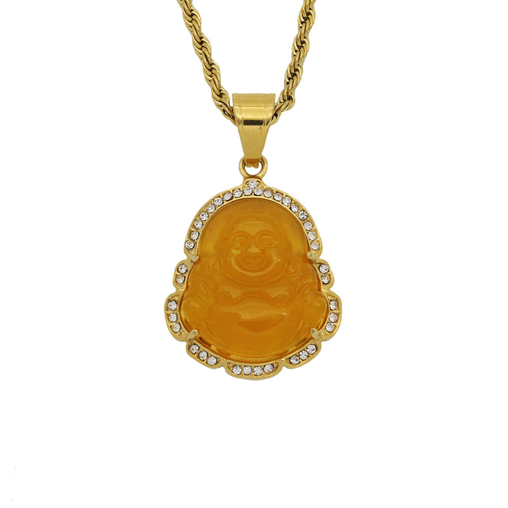 9-Color Stainless Steel Diamond-Embedded Malay Chalcedony Maitreya Buddha Pendant Ornament Big Belly Maitreya Buddha Pendant