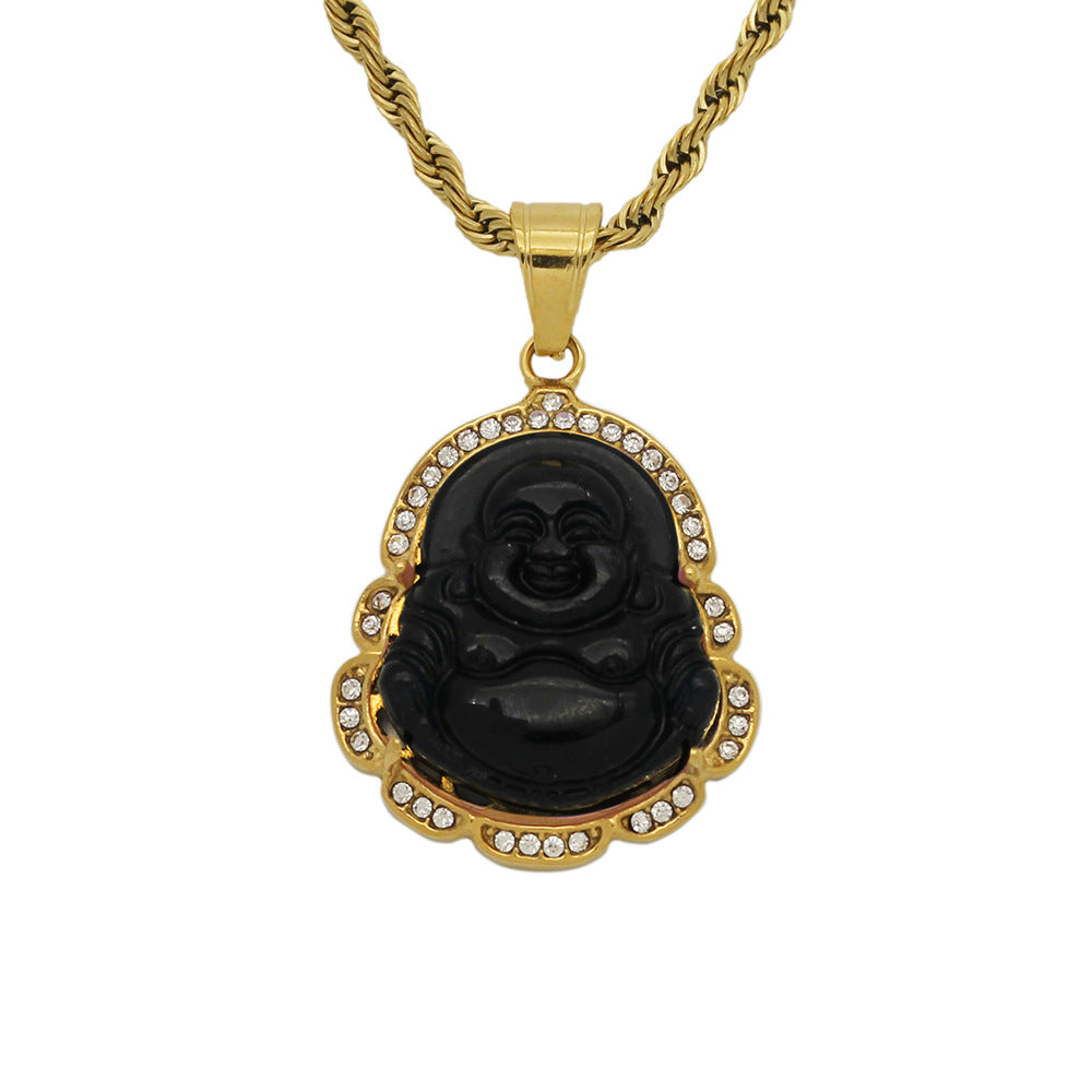 9-Color Stainless Steel Diamond-Embedded Malay Chalcedony Maitreya Buddha Pendant Ornament Big Belly Maitreya Buddha Pendant