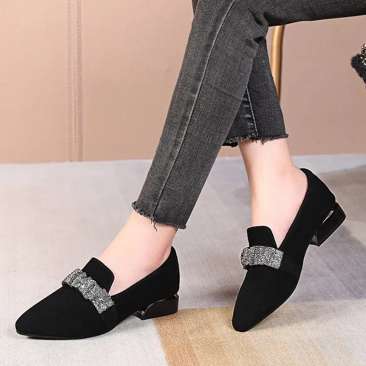 🔥Hot Sale 50% OFF🔥Rhinestone Deep Mouth Pumps Women's Frosted Sheepskin 2021 Autumn Chunky Heel Slip-on Fashion Small Size 31 Low Heel Shoes Pointed Toe