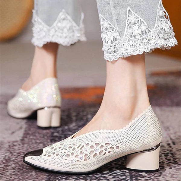 🔥Hot Sale 50% OFF🔥Rhinestone hollow chunky heel shoes