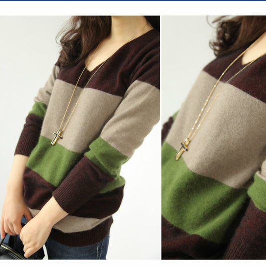 New V-neck knitwear women's striped mid-length knitwear jumper large size loose sweater