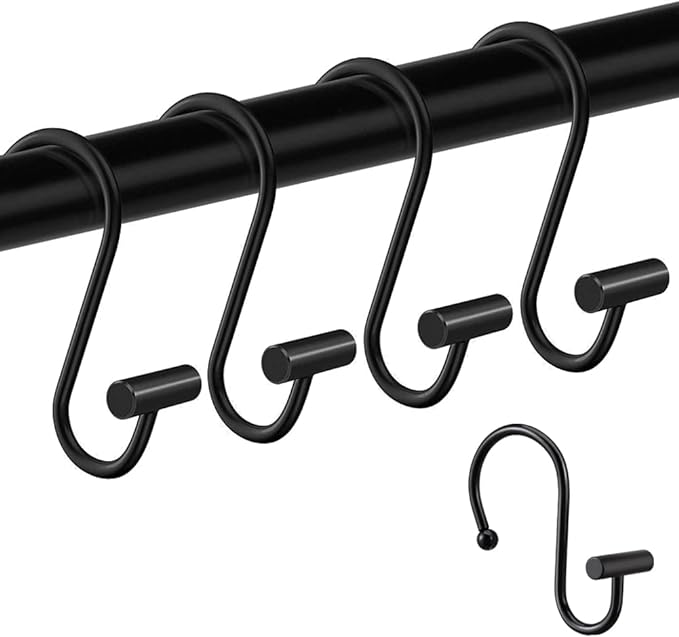 Gracelife Shower Curtain Hooks,Set of 12 Rust Resistant Metal Shower Curtain Rings for Bathroom,T-Bar Decorative Hooks Hangers for Shower Rod (Black)