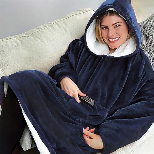 Adult Winter Soft Plush Blanket, Fleece Wearable Hooded Blanket with Sleeves, Warm Sherpa Flannel Blanket Hoodie, Women's Dressing Gown Soft Plush Bathrobe, Blue