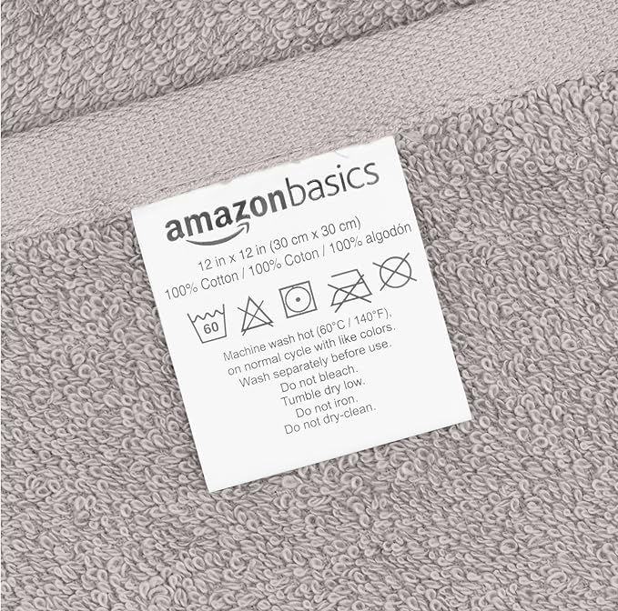 Amazon Basics Fast Drying, Extra Absorbent, Terry Cotton Washcloths - Pack of 24, Gray, 12 x 12-Inch