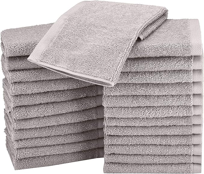 Amazon Basics Fast Drying, Extra Absorbent, Terry Cotton Washcloths - Pack of 24, Gray, 12 x 12-Inch