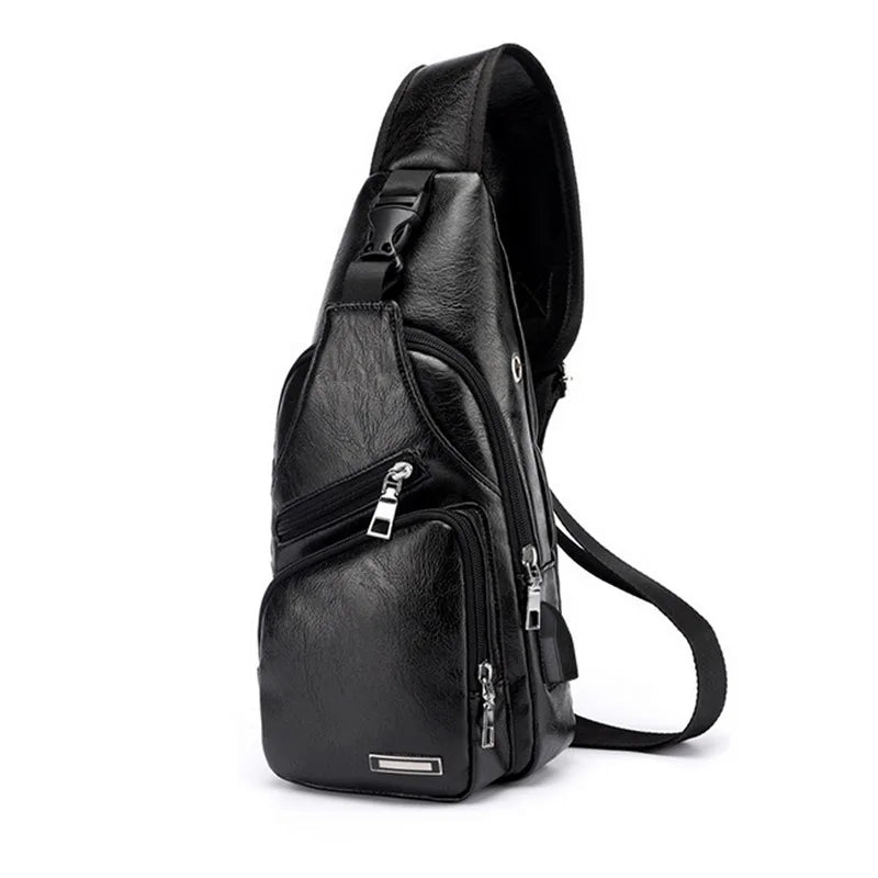 SHUJIN Men Crossbody Chest Bags Waist Bags Men's USB Charging Headphone Plug Leather Shoulder Bag Diagonal Package 2021