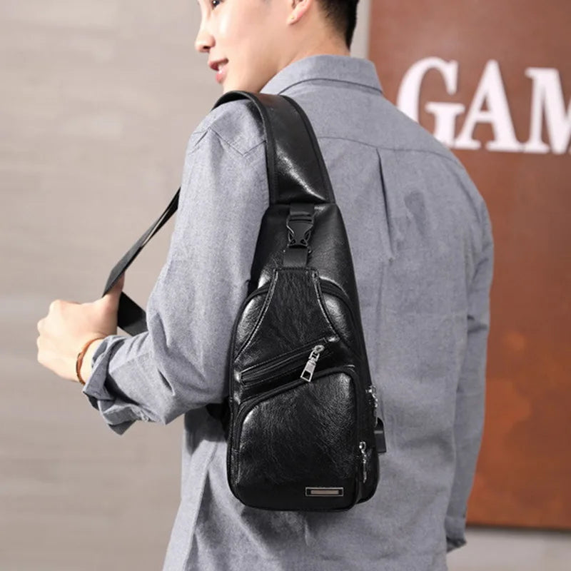 SHUJIN Men Crossbody Chest Bags Waist Bags Men's USB Charging Headphone Plug Leather Shoulder Bag Diagonal Package 2021