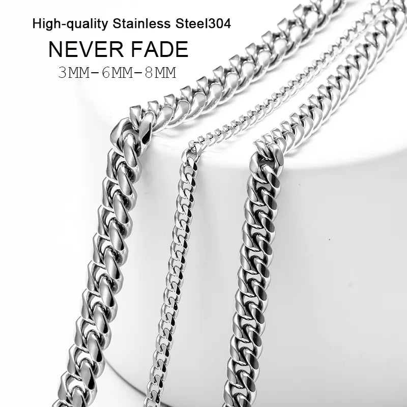 3mm 6mm Wide Stainless Steel Chain Cuban Link Chains Chokers Necklace For Mens Jewelry Silver Plated Solid Metal Fashion Jewelry