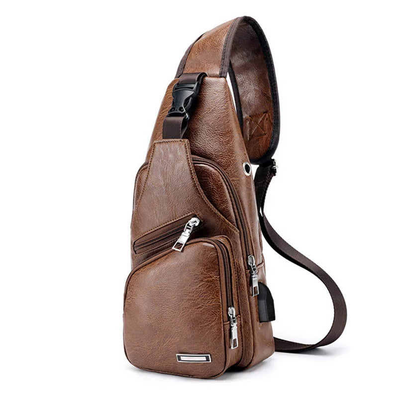 SHUJIN Men Crossbody Chest Bags Waist Bags Men's USB Charging Headphone Plug Leather Shoulder Bag Diagonal Package 2021