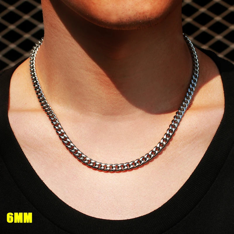 3mm 6mm Wide Stainless Steel Chain Cuban Link Chains Chokers Necklace For Mens Jewelry Silver Plated Solid Metal Fashion Jewelry