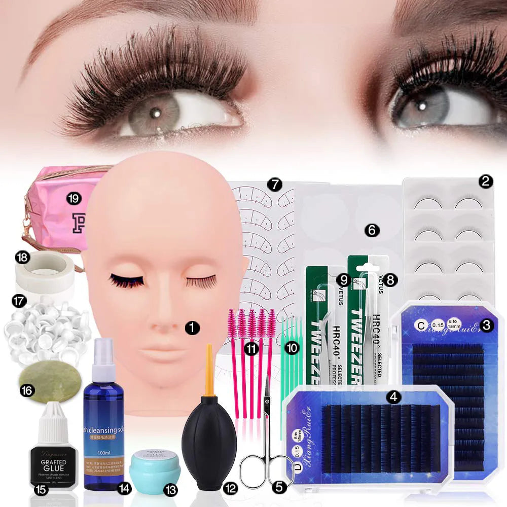 19PCS False Eyelash Extension Training Kit Practice Model Head Eye Pad Tweezers Glue Ring Brush 19pcs Grafting Eyelash Toolsss