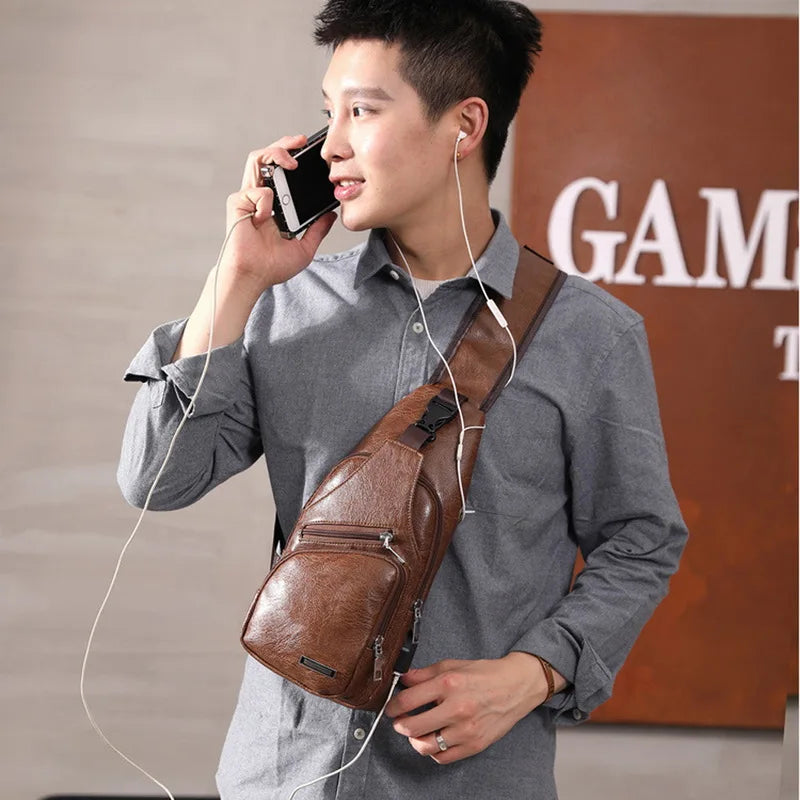 SHUJIN Men Crossbody Chest Bags Waist Bags Men's USB Charging Headphone Plug Leather Shoulder Bag Diagonal Package 2021