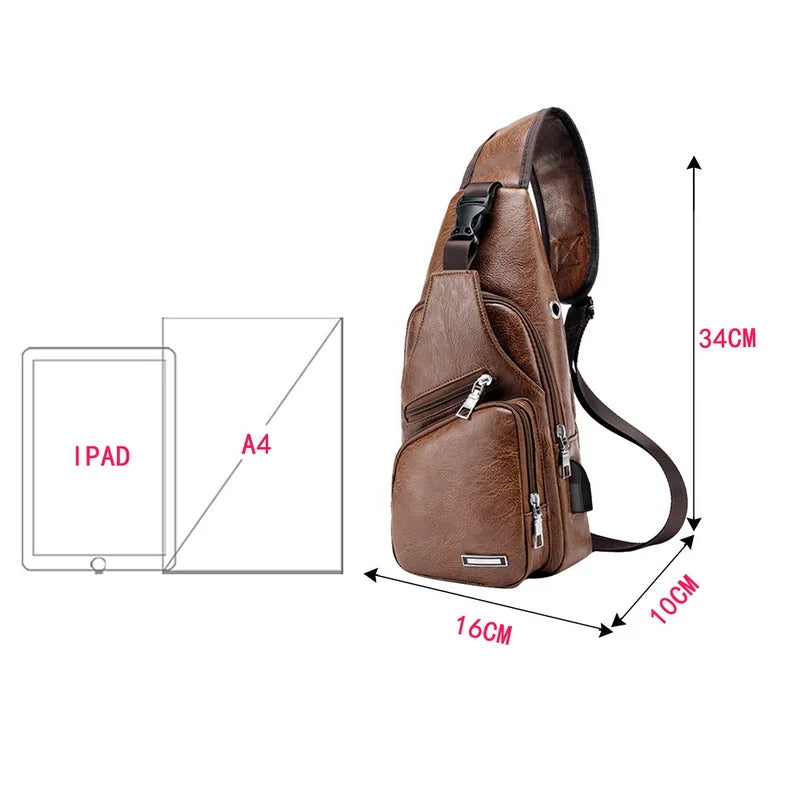 SHUJIN Men Crossbody Chest Bags Waist Bags Men's USB Charging Headphone Plug Leather Shoulder Bag Diagonal Package 2021