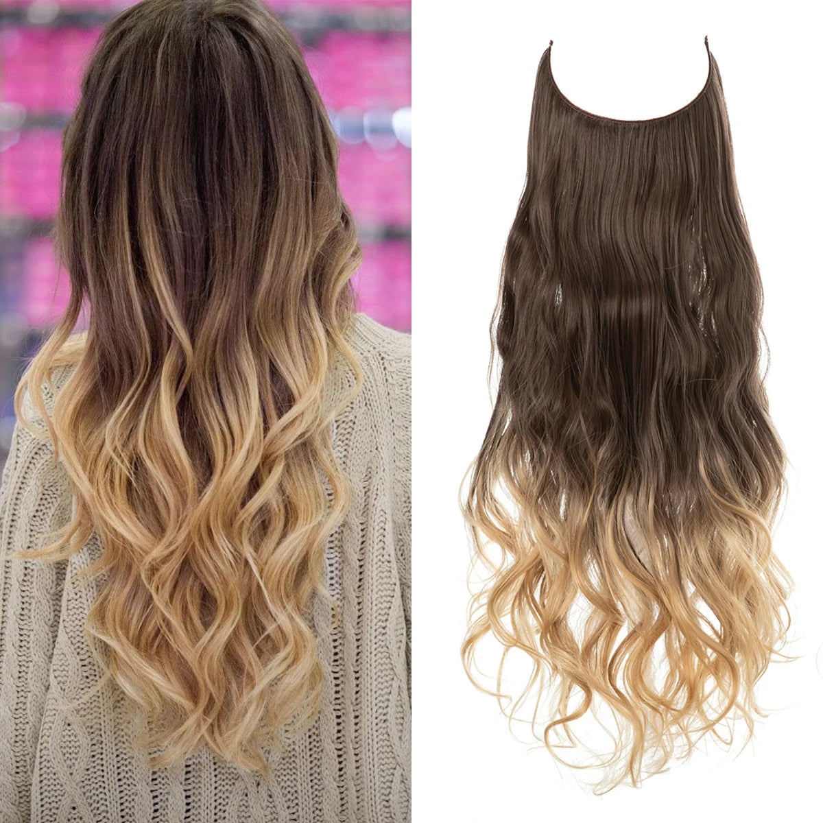 Synthetic No Clips Hair Extensions Fake Hair Ombre Pink Blonde Brown Black Natural Wavy Curly False Hair Piece For Woman