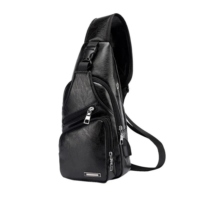 SHUJIN Men Crossbody Chest Bags Waist Bags Men's USB Charging Headphone Plug Leather Shoulder Bag Diagonal Package 2021