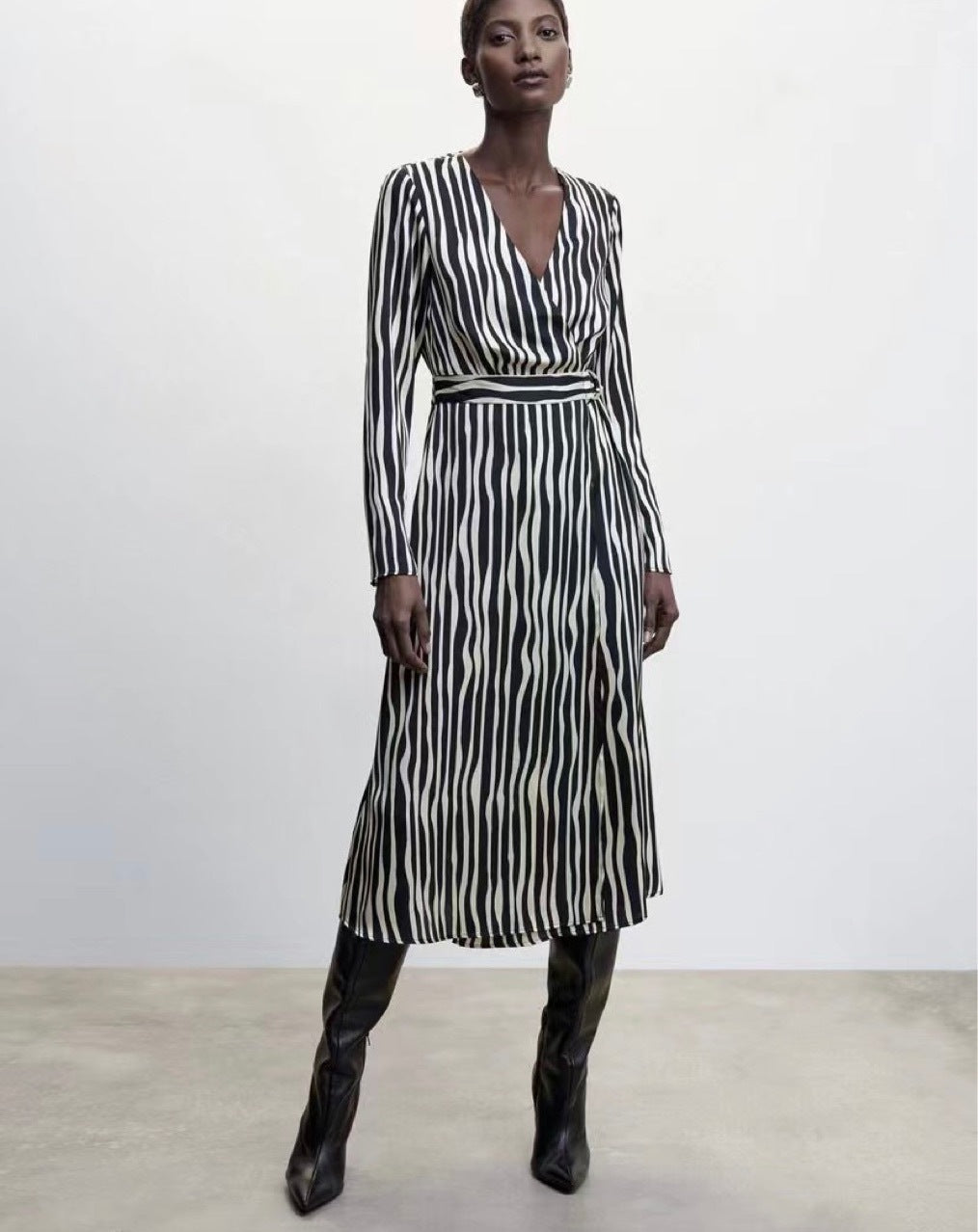 M MNG Za Temperament Commute Long Sleeve Asymmetric Skirt Mid-Waist Jumpsuit Printed High-End Striped Black Dress