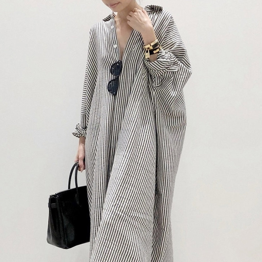 Lengthened Shirt Dress Spring and Autumn BF Style Striped Cardigan Shirt Long Sleeve Sunscreen Coat Women