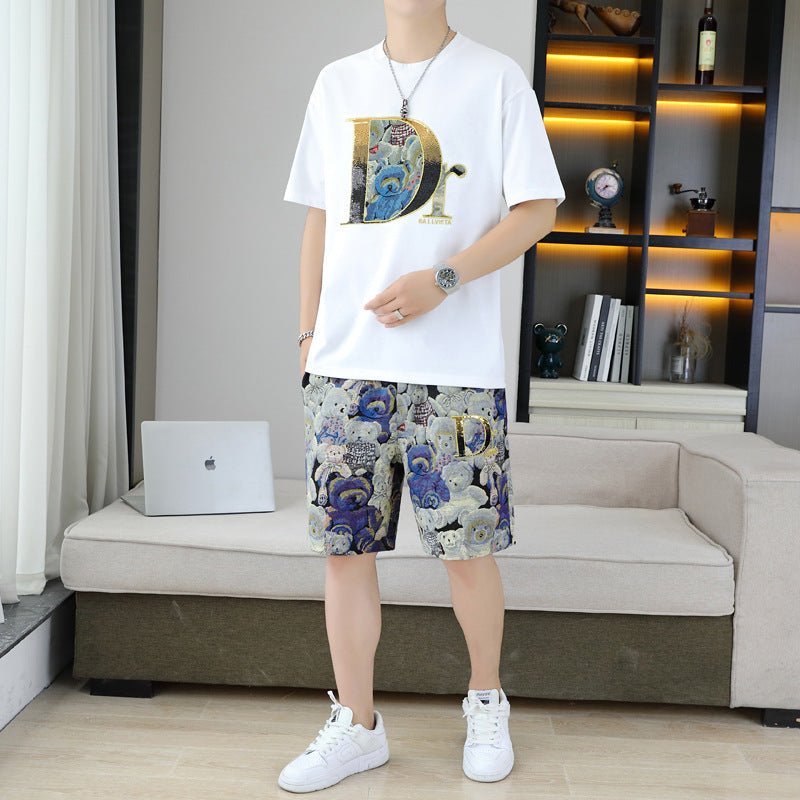 High-End Casual Suit Men's Summer Ice Pure Cotton Popular Men's Suit with Summer Sports Short Sleeve Shorts