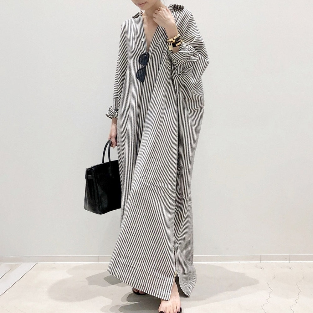 Lengthened Shirt Dress Spring and Autumn BF Style Striped Cardigan Shirt Long Sleeve Sunscreen Coat Women