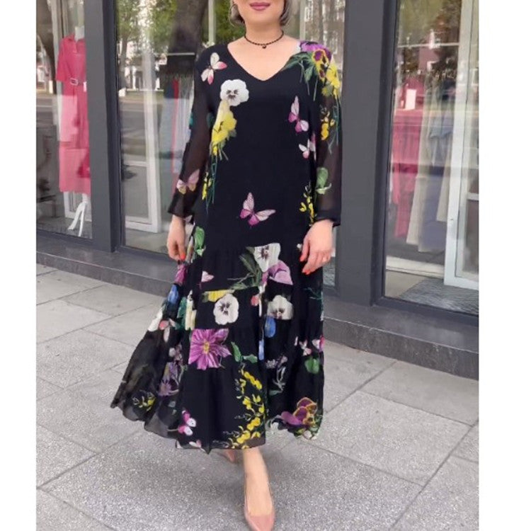 Rochie nouă de vară pentru femei, europeană și americană, elegantă, florală, cu decolteu în V adânc, cu talie strânsă, cu jumătate de mânecă