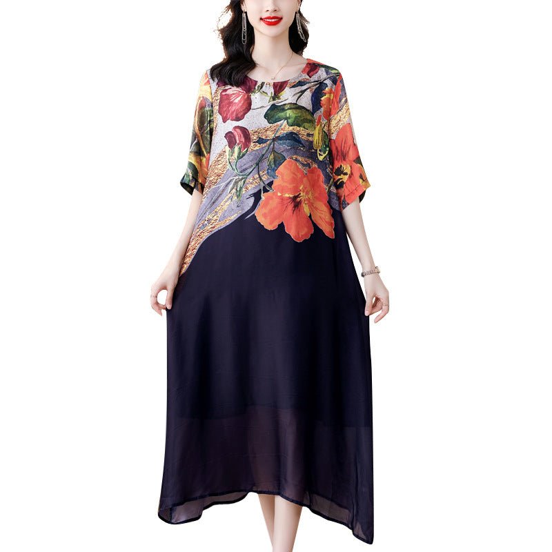 Large Size Western Style Youthful-Looking Noble Lady Printed High-End Dress Female Summer New Gentle Long Dress for Mothers