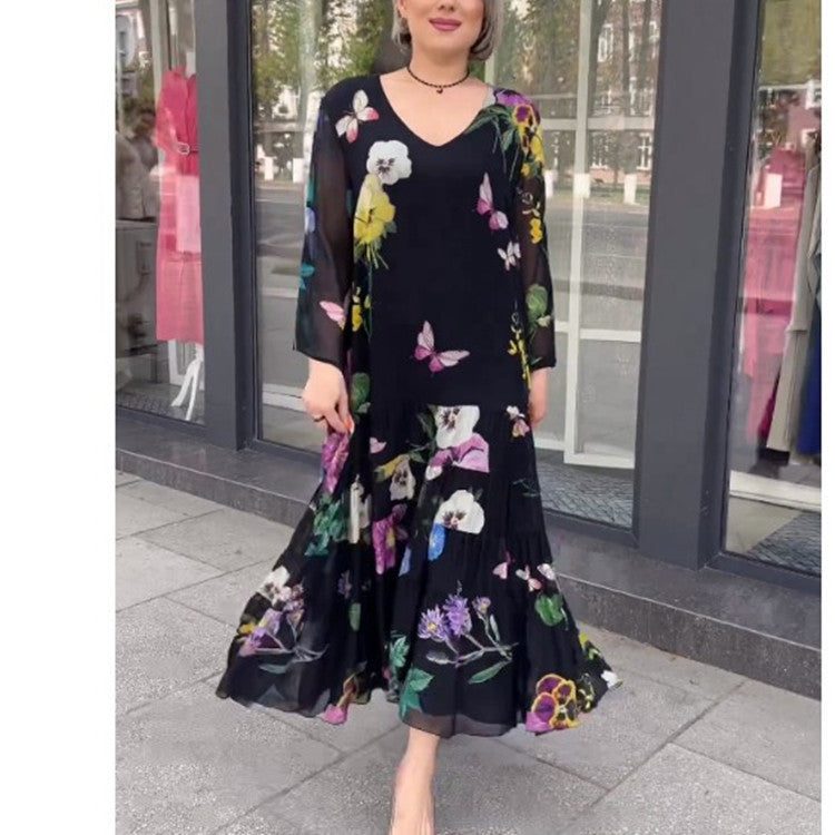 Rochie nouă de vară pentru femei, europeană și americană, elegantă, florală, cu decolteu în V adânc, cu talie strânsă, cu jumătate de mânecă