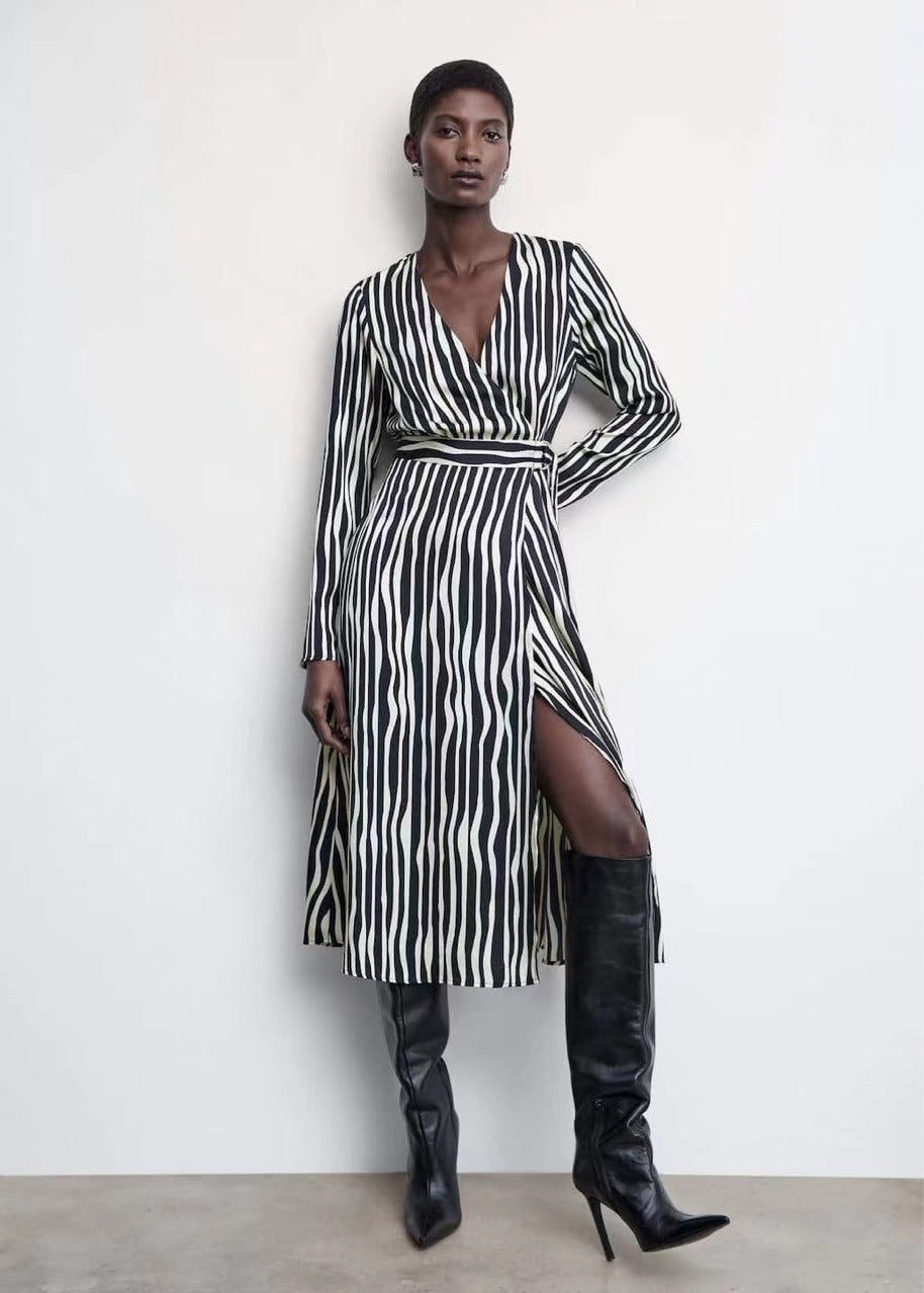 M MNG Za Temperament Commute Long Sleeve Asymmetric Skirt Mid-Waist Jumpsuit Printed High-End Striped Black Dress