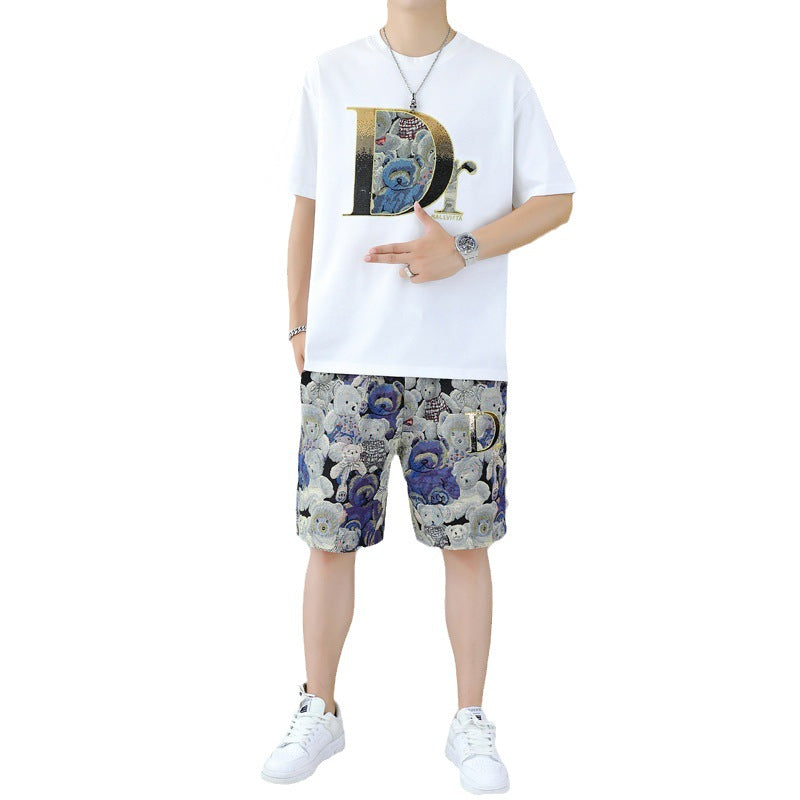 High-End Casual Suit Men's Summer Ice Pure Cotton Popular Men's Suit with Summer Sports Short Sleeve Shorts