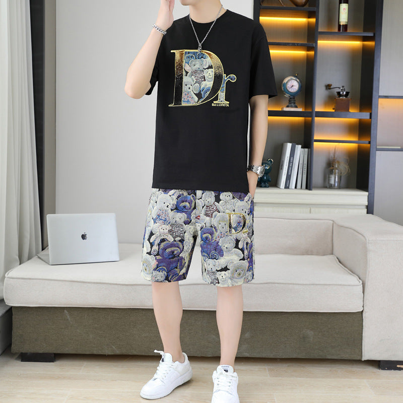 High-End Casual Suit Men's Summer Ice Pure Cotton Popular Men's Suit with Summer Sports Short Sleeve Shorts