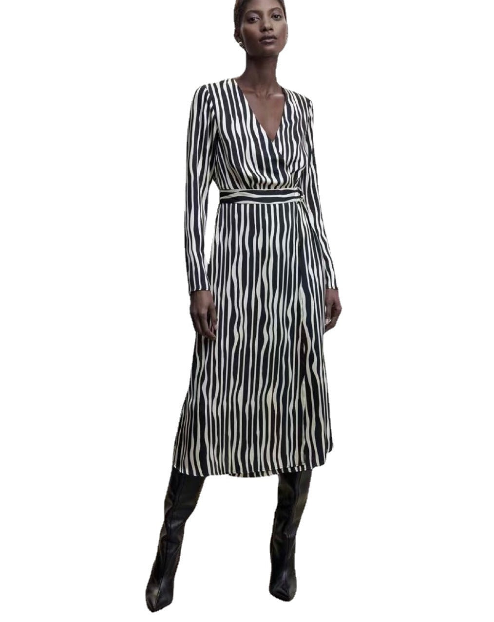 M MNG Za Temperament Commute Long Sleeve Asymmetric Skirt Mid-Waist Jumpsuit Printed High-End Striped Black Dress