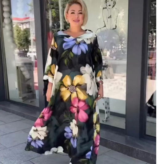 Women's Summer New Long-Sleeved Chiffon Dress Floral Skirt Overknee Dress Temperamental Popular Skirt Printing