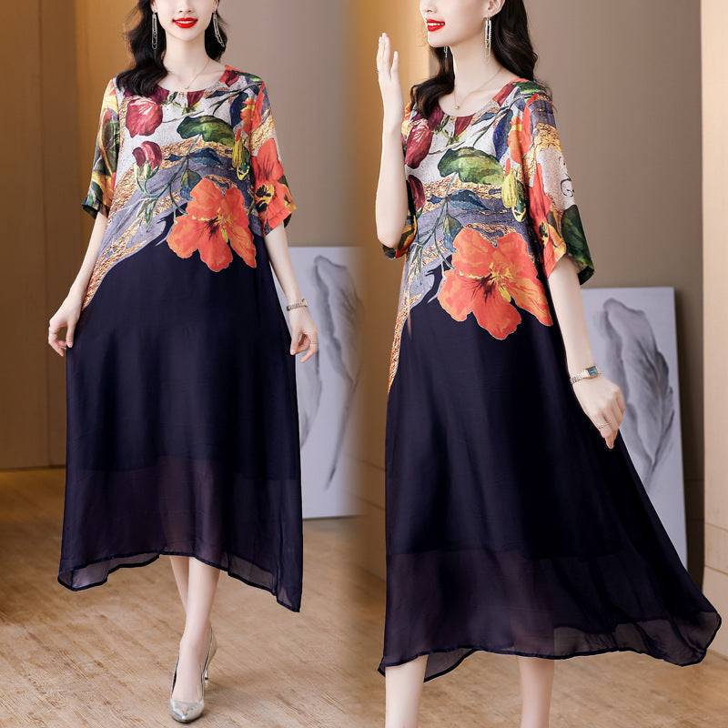 Large Size Western Style Youthful-Looking Noble Lady Printed High-End Dress Female Summer New Gentle Long Dress for Mothers