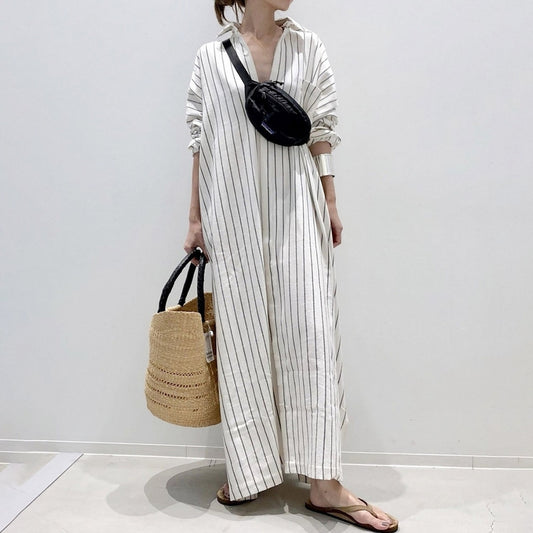 Lengthened Shirt Dress Spring and Autumn BF Style Striped Cardigan Shirt Long Sleeve Sunscreen Coat Women