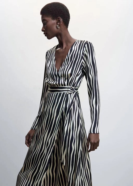 M MNG Za Temperament Commute Long Sleeve Asymmetric Skirt Mid-Waist Jumpsuit Printed High-End Striped Black Dress