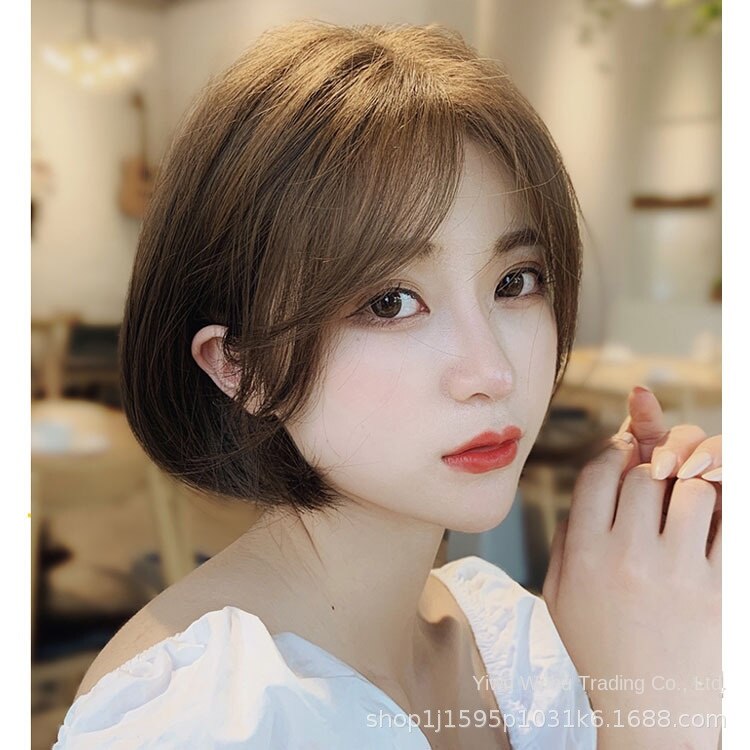 Wig Women's Short Hair Korean Style Natural Realistic Fluffy Bob Haircut Inner Buckle High-Temperature Fiber Sweet Cocoa Short Curly Wig