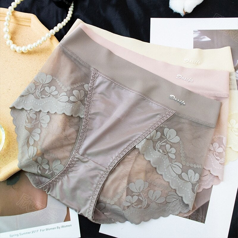 Lace Underwear Light Luxury Nude Feel High Waist Pure Desire Hip-Lift and Belly Shaping Satin Ice Silk Traceless plus Size Sexy Lace Underwear