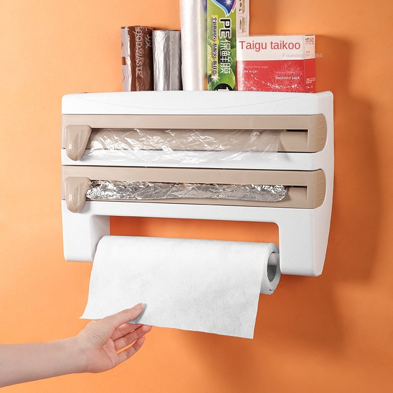 Wall Mounted Multifunctional Plastic Wrap Cutter Towel Rack