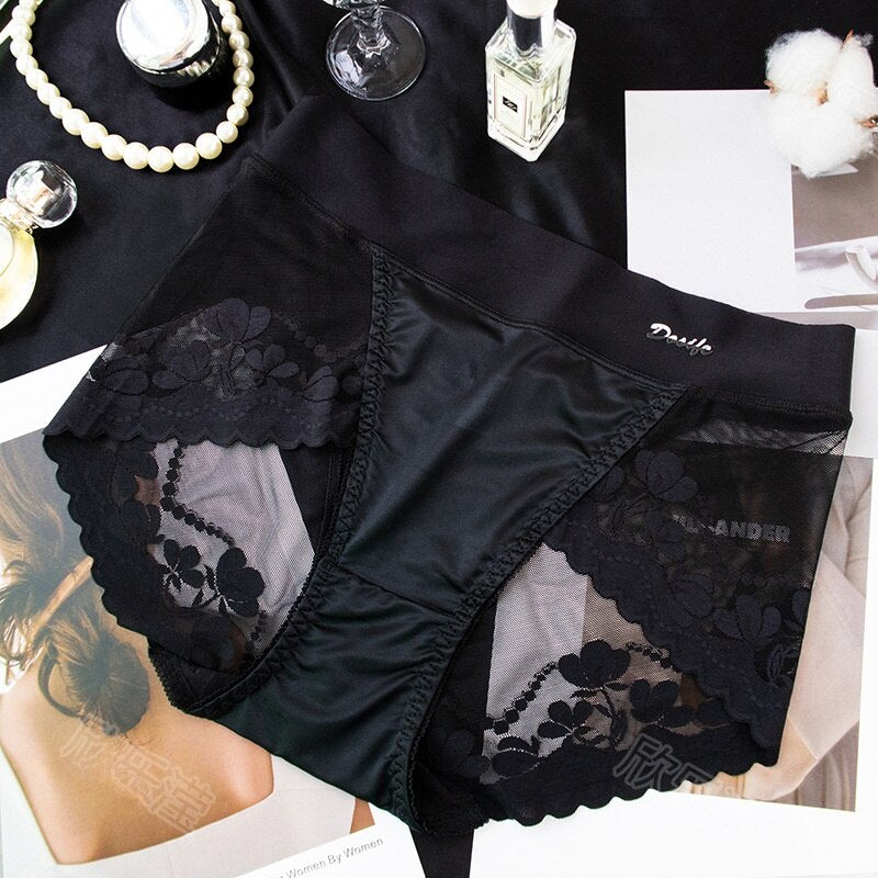 Lace Underwear Light Luxury Nude Feel High Waist Pure Desire Hip-Lift and Belly Shaping Satin Ice Silk Traceless plus Size Sexy Lace Underwear