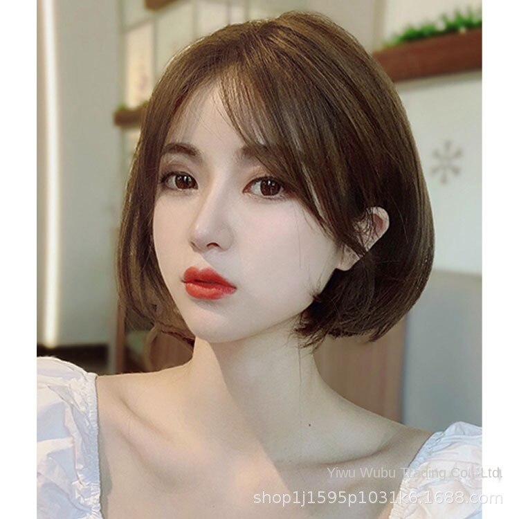 Wig Women's Short Hair Korean Style Natural Realistic Fluffy Bob Haircut Inner Buckle High-Temperature Fiber Sweet Cocoa Short Curly Wig